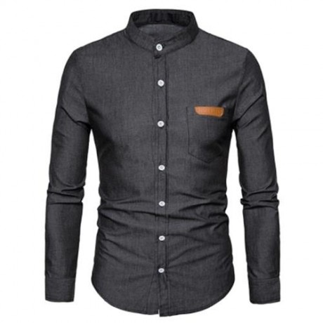 STAND COLLAR PU LEATHER EDGING CHAMBRAY SHIRT  (BLACK)