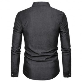 STAND COLLAR PU LEATHER EDGING CHAMBRAY SHIRT  (BLACK)