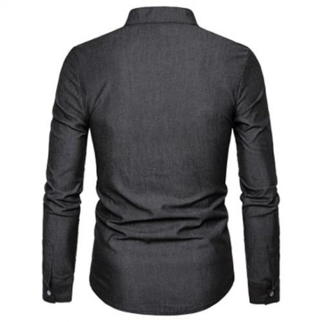 STAND COLLAR PU LEATHER EDGING CHAMBRAY SHIRT  (BLACK)