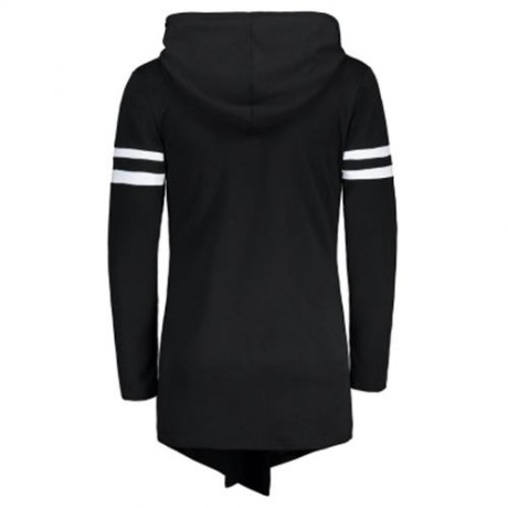 VARSITY STRIPE ZIP UP LONG ASYMMETRICAL HOODIE (BLACK)
