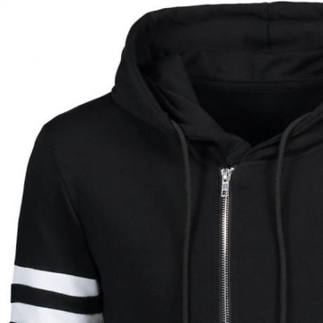 VARSITY STRIPE ZIP UP LONG ASYMMETRICAL HOODIE (BLACK)