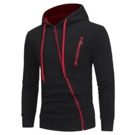 OBLIQUE ZIPPERS COLOR BLOCK FLEECE HOODIE (BLACK)