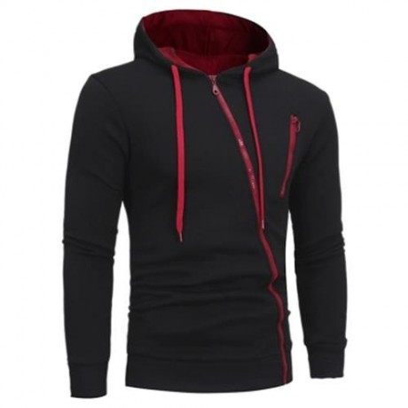 OBLIQUE ZIPPERS COLOR BLOCK FLEECE HOODIE (BLACK)