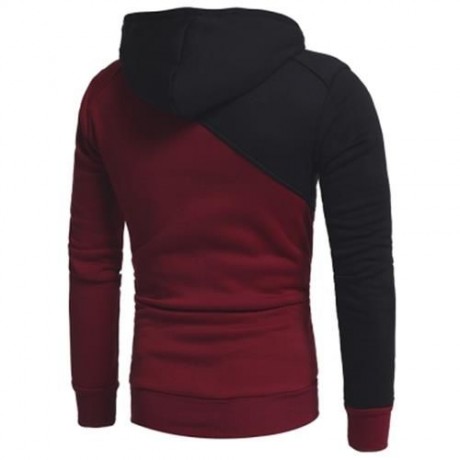 DRAWSTRING IRREGULAR PANEL FLEECE HOODIE (WINE RED)