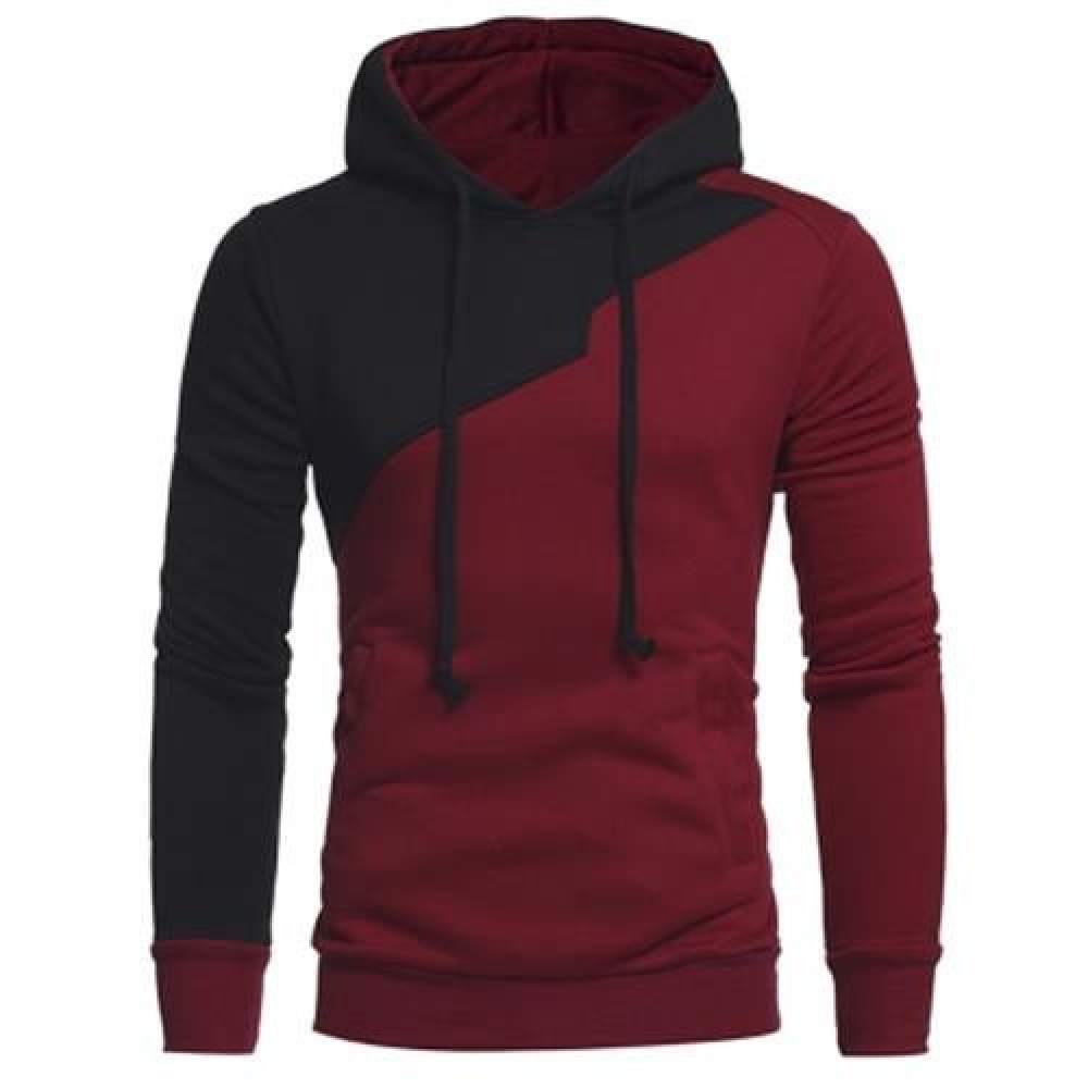 DRAWSTRING IRREGULAR PANEL FLEECE HOODIE (WINE RED)