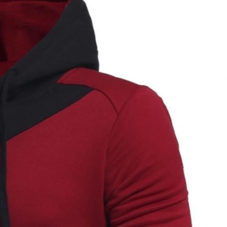 DRAWSTRING IRREGULAR PANEL FLEECE HOODIE (WINE RED)