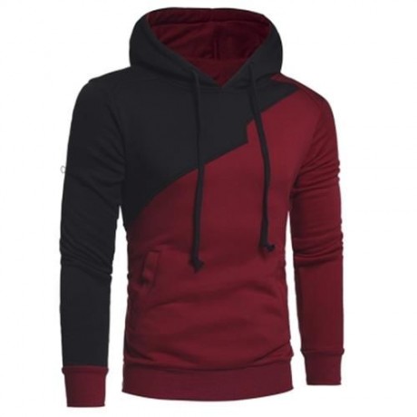 DRAWSTRING IRREGULAR PANEL FLEECE HOODIE (WINE RED)