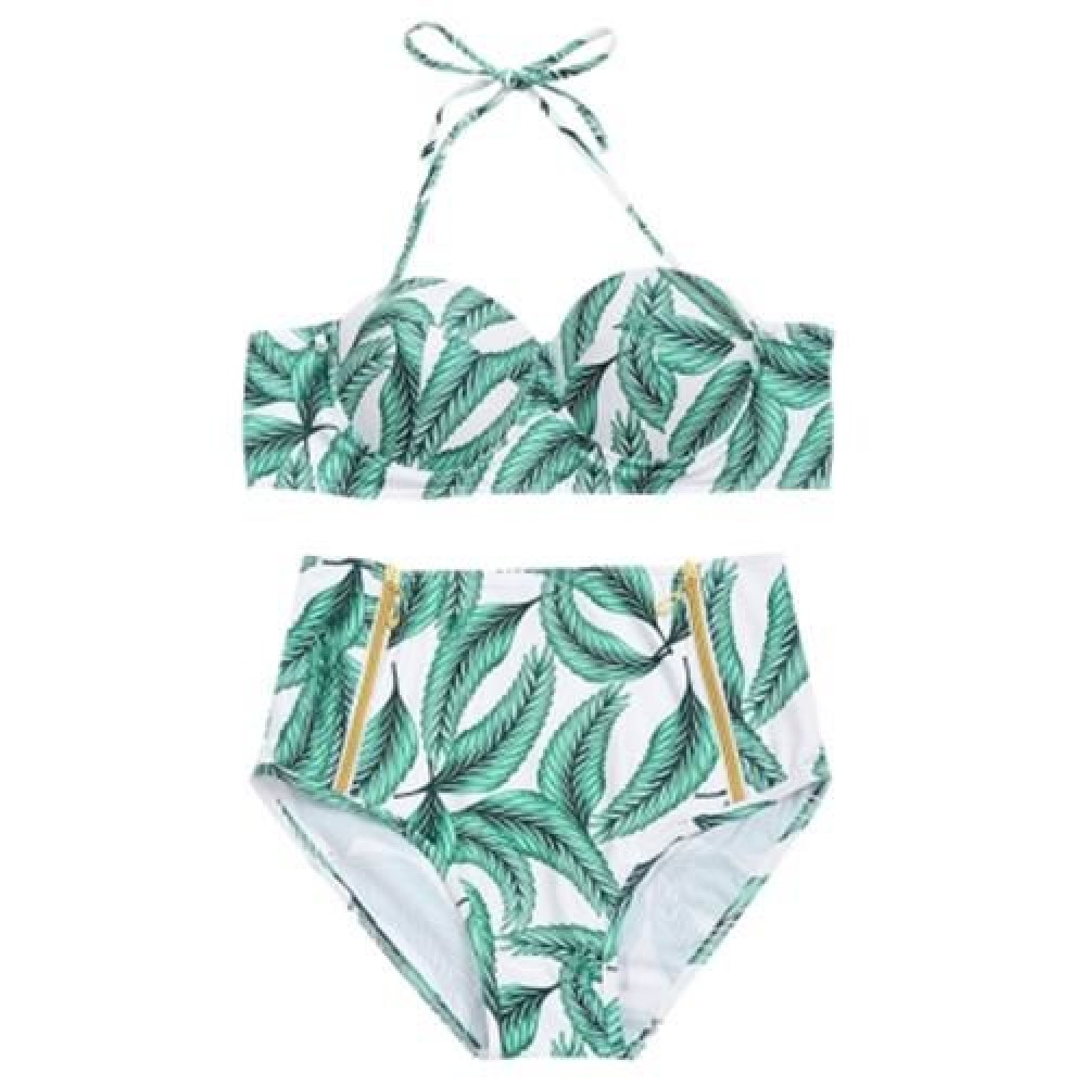 TROPICAL LEAVES PRINT PUSH UP BIKINI SET (GREEN)