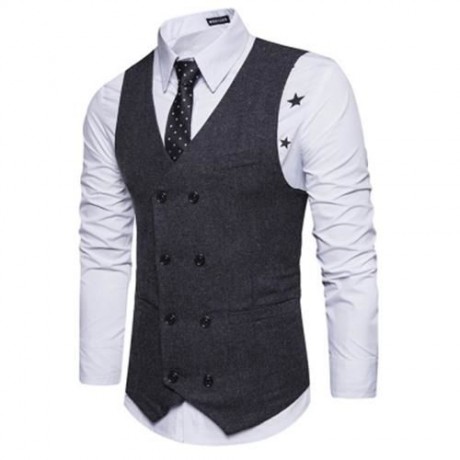 V NECK DOUBLE BREASTED BELT DESIGN WAISTCOAT (BLACK)
