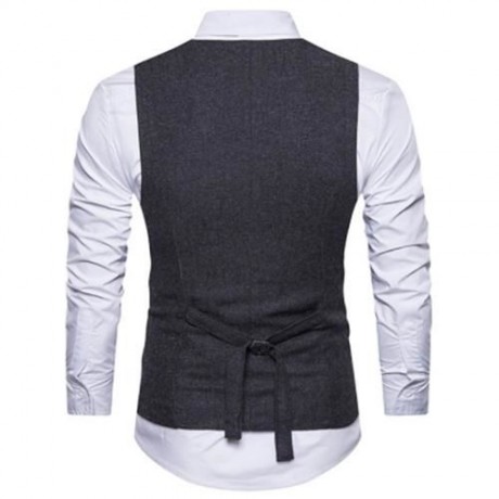 V NECK DOUBLE BREASTED BELT DESIGN WAISTCOAT (BLACK)