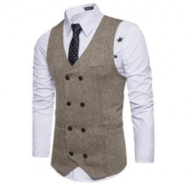 V NECK DOUBLE BREASTED BELT DESIGN WAISTCOAT (KHAKI)