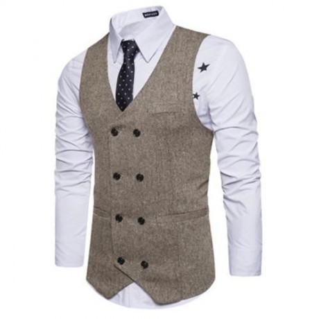V NECK DOUBLE BREASTED BELT DESIGN WAISTCOAT (KHAKI)