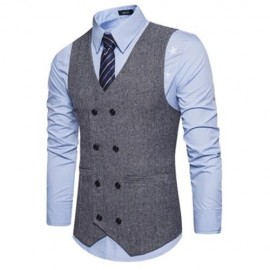 V NECK DOUBLE BREASTED BELT DESIGN WAISTCOAT (GRAY)