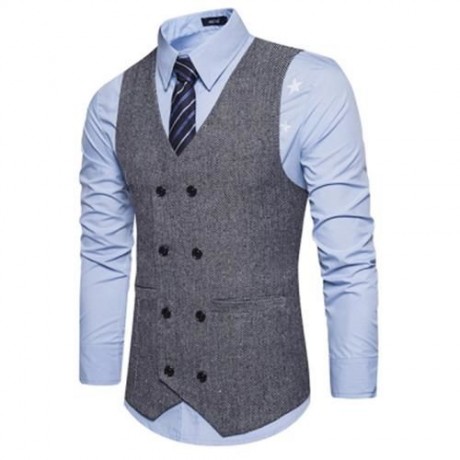 V NECK DOUBLE BREASTED BELT DESIGN WAISTCOAT (GRAY)