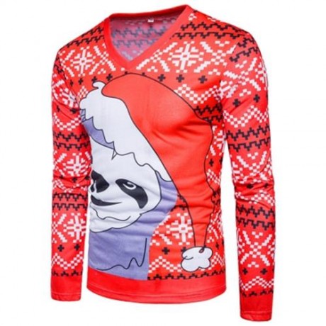 V NECK CHRISTMAS SNOWFLAKE CARTOON PRINT UGLY T-SHIRT (RED)