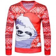 V NECK CHRISTMAS SNOWFLAKE CARTOON PRINT UGLY T-SHIRT (RED)