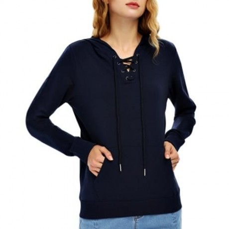 FEMALE CASUAL LACE-UP LONG SLEEVE HOODED PULLOVER SWEATSHIRT (NAVY BLUE)