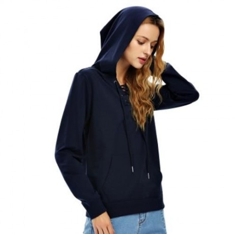 FEMALE CASUAL LACE-UP LONG SLEEVE HOODED PULLOVER SWEATSHIRT (NAVY BLUE)