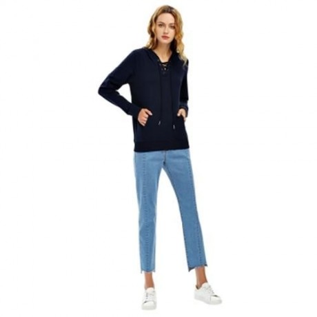 FEMALE CASUAL LACE-UP LONG SLEEVE HOODED PULLOVER SWEATSHIRT (NAVY BLUE)