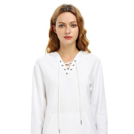FEMALE CASUAL LACE-UP LONG SLEEVE HOODED PULLOVER SWEATSHIRT (WHITE)