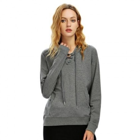 FEMALE CASUAL LACE-UP LONG SLEEVE HOODED PULLOVER SWEATSHIRT (DARK HEATHER GRAY)