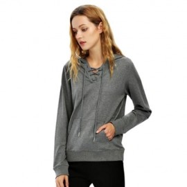 FEMALE CASUAL LACE-UP LONG SLEEVE HOODED PULLOVER SWEATSHIRT (DARK HEATHER GRAY)