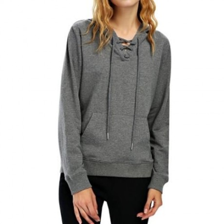 FEMALE CASUAL LACE-UP LONG SLEEVE HOODED PULLOVER SWEATSHIRT (DARK HEATHER GRAY)