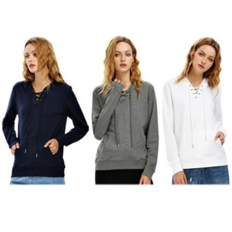 FEMALE CASUAL LACE-UP LONG SLEEVE HOODED PULLOVER SWEATSHIRT (DARK HEATHER GRAY)