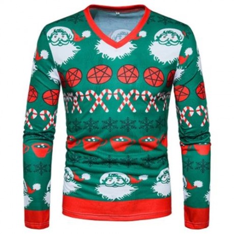 V NECK CHRISTMAS PATTERN UGLY T-SHIRT (COLORMIX)