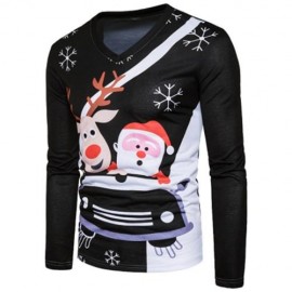 V NECK CHRISTMAS CARTOON SANTA PRINT UGLY T-SHIRT (BLACK)