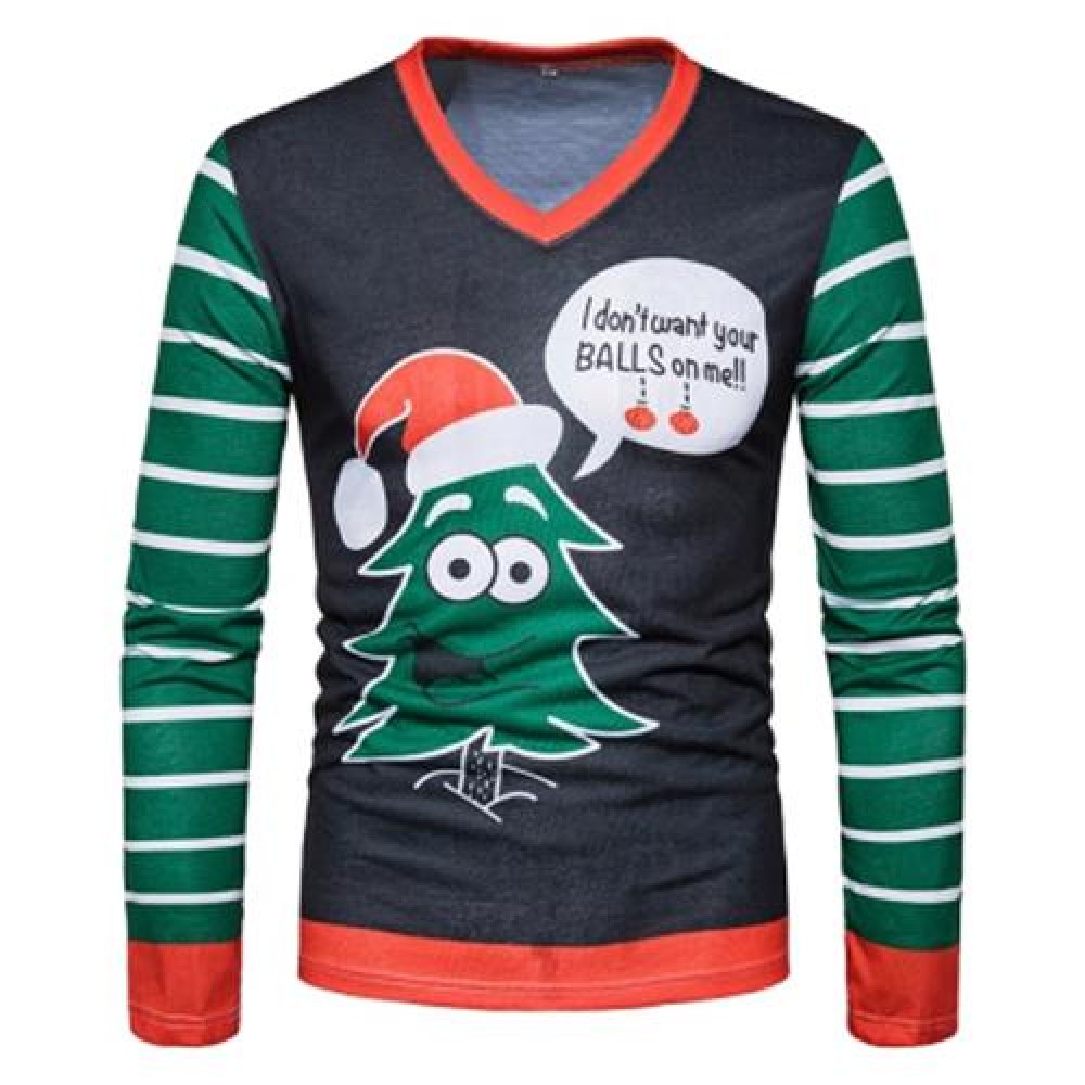 V NECK CHRISTMAS CARTOON STRIPE PRINT UGLY T-SHIRT (COLORMIX)