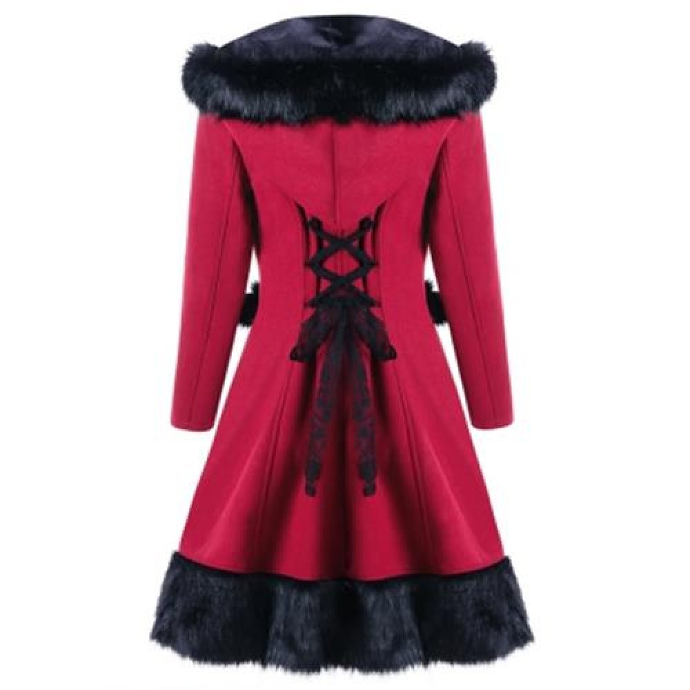 FAUX FUR PANEL LACE UP HOODED LONGLINE COAT (RED)