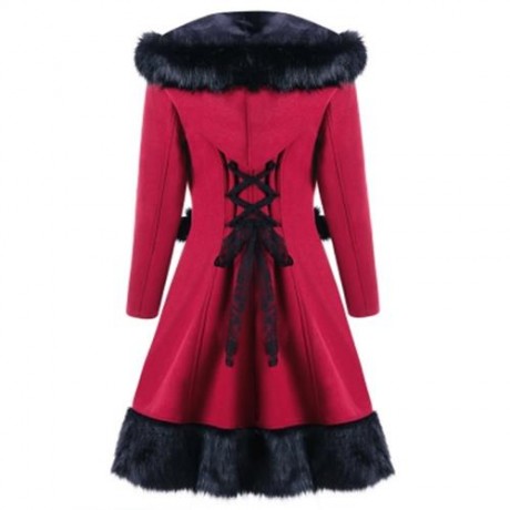FAUX FUR PANEL LACE UP HOODED LONGLINE COAT (RED)
