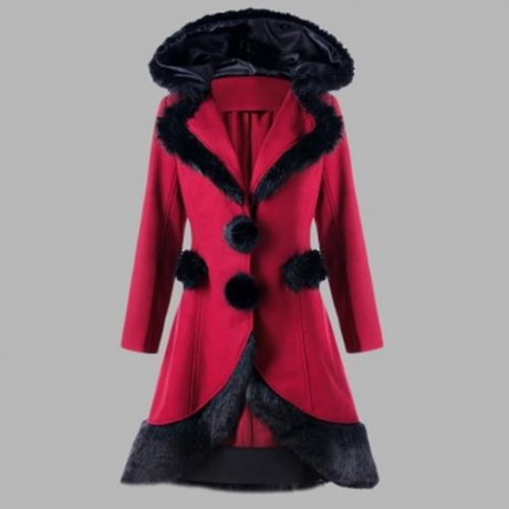 FAUX FUR PANEL LACE UP HOODED LONGLINE COAT (RED)