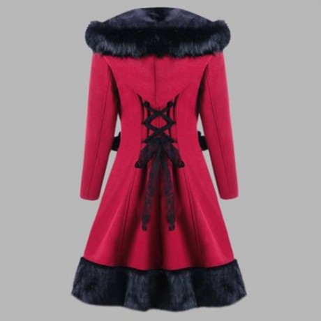 FAUX FUR PANEL LACE UP HOODED LONGLINE COAT (RED)