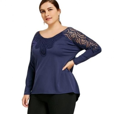 PLUS SIZE LACE TRIM CUTWORK TOP (CERULEAN)