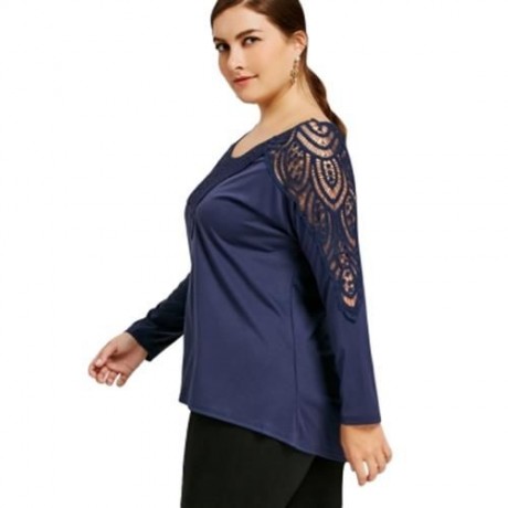 PLUS SIZE LACE TRIM CUTWORK TOP (CERULEAN)