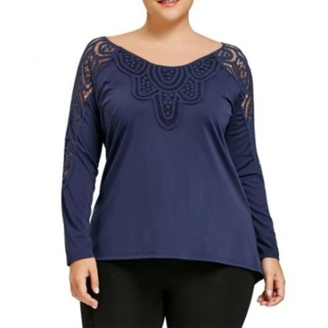 PLUS SIZE LACE TRIM CUTWORK TOP (CERULEAN)