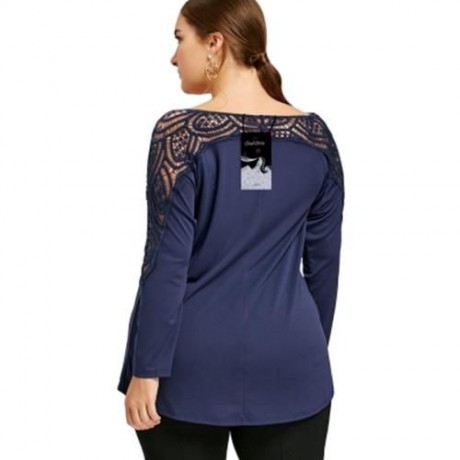 PLUS SIZE LACE TRIM CUTWORK TOP (CERULEAN)
