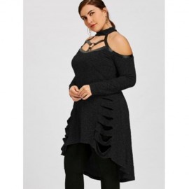 PLUS SIZE COLD SHOULDER RIPPED TUNIC TOP (BLACK)