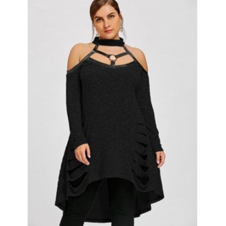 PLUS SIZE COLD SHOULDER RIPPED TUNIC TOP (BLACK)