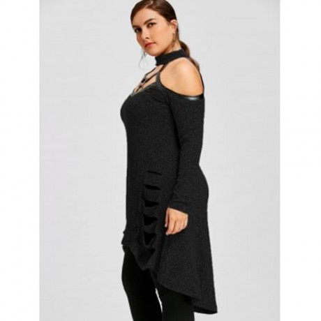 PLUS SIZE COLD SHOULDER RIPPED TUNIC TOP (BLACK)