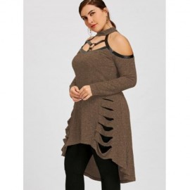 PLUS SIZE COLD SHOULDER RIPPED TUNIC TOP (COFFEE)