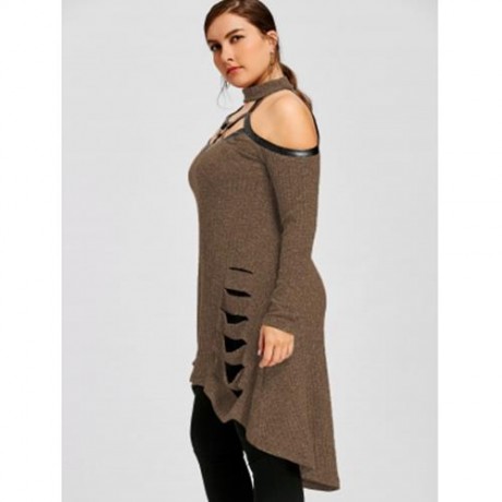 PLUS SIZE COLD SHOULDER RIPPED TUNIC TOP (COFFEE)