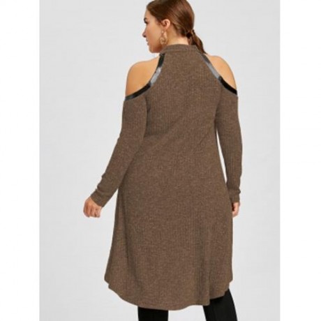 PLUS SIZE COLD SHOULDER RIPPED TUNIC TOP (COFFEE)