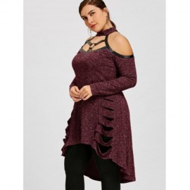 PLUS SIZE COLD SHOULDER RIPPED TUNIC TOP (CARAMEL)