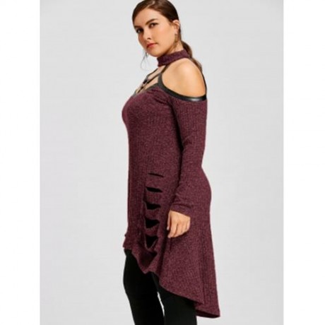 PLUS SIZE COLD SHOULDER RIPPED TUNIC TOP (CARAMEL)