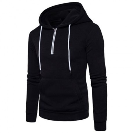 HOODED HALF ZIP POUCH POCKET FLEECE PULLOVER HOODIE (BLACK)