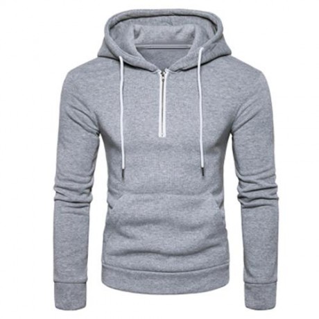 HOODED HALF ZIP POUCH POCKET FLEECE PULLOVER HOODIE (LIGHT GRAY)