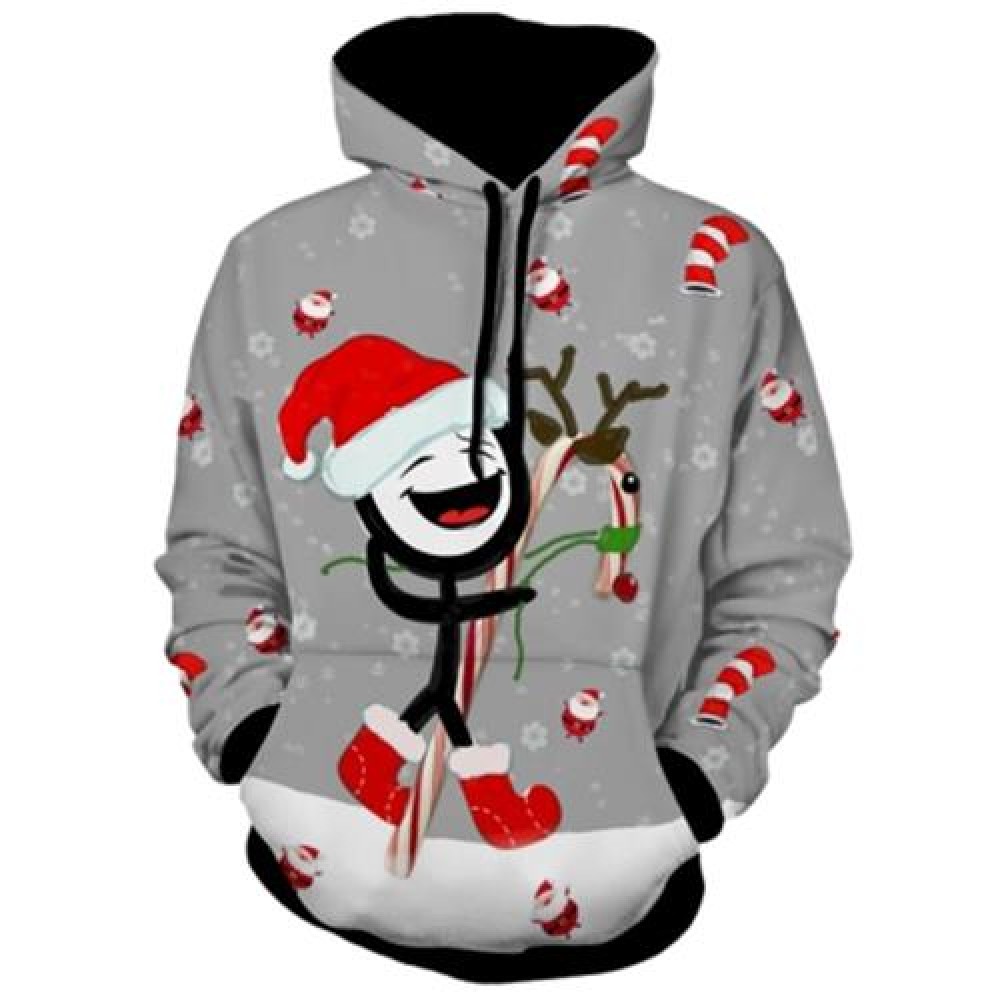 KANGAROO POCKET PRINTED PULLOVER CHRISTMAS HOODIE (GRAY)